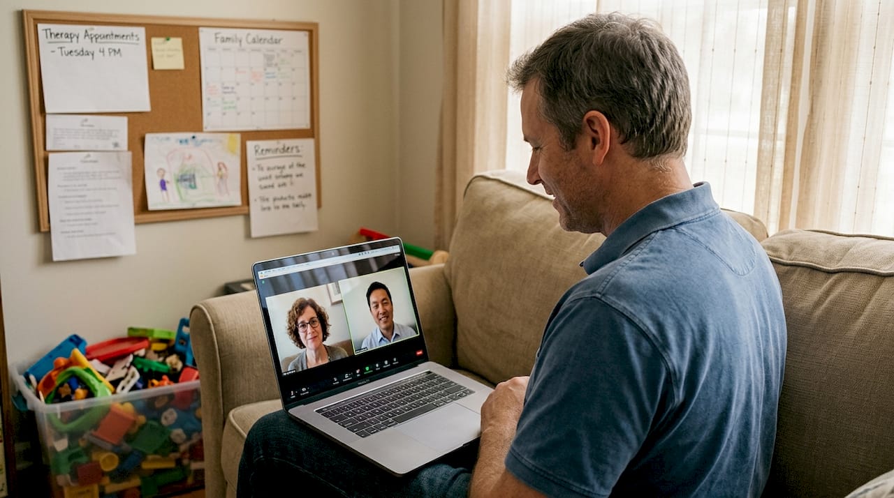 Parent video chatting with therapy team at home