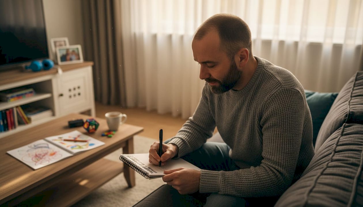 Father tracking child therapy progress in journal