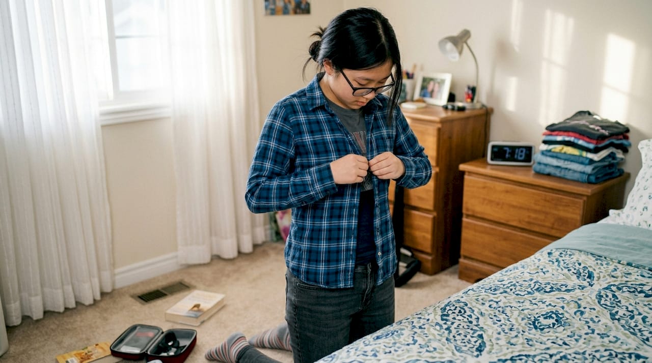 Teen using assistive device for dressing skills