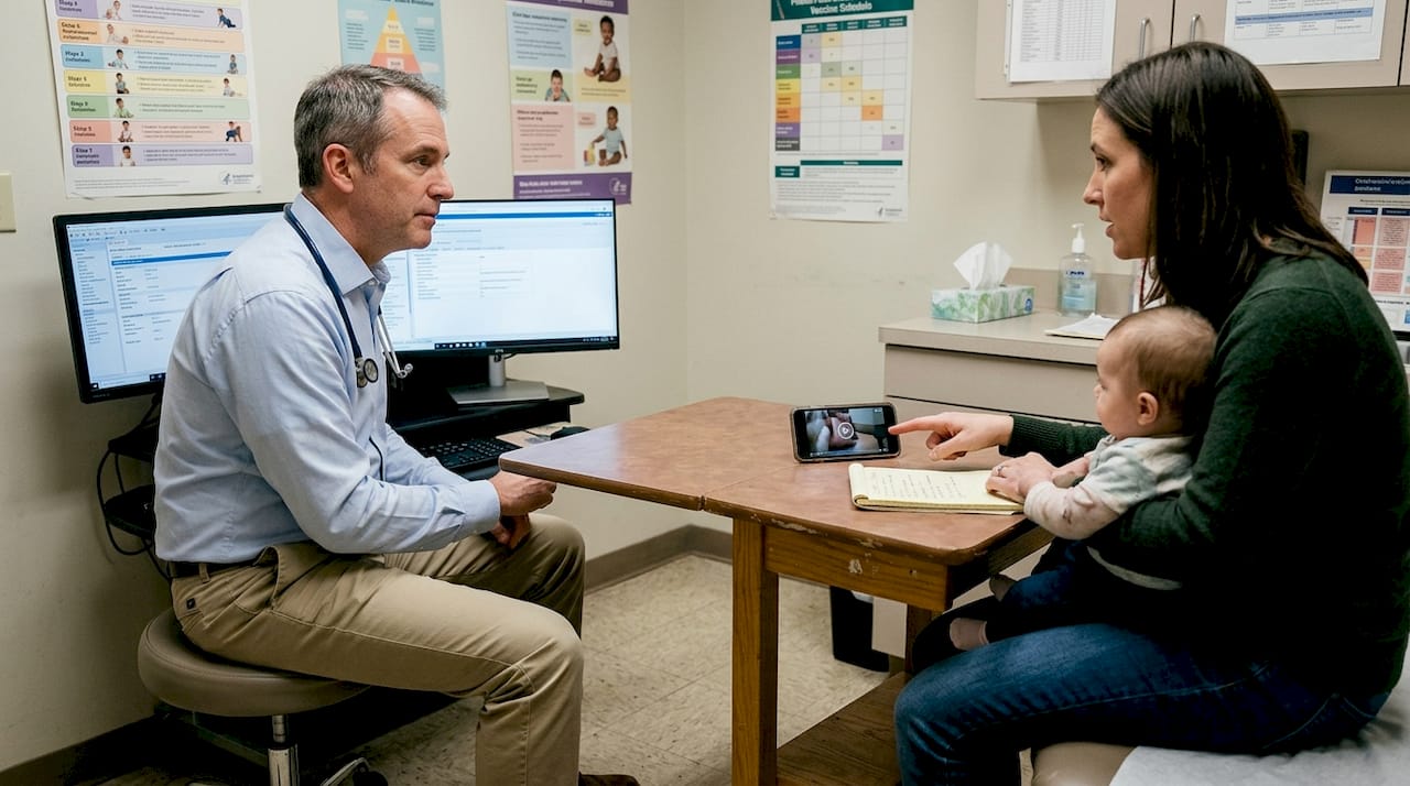 Pediatrician consults with parent holding notes