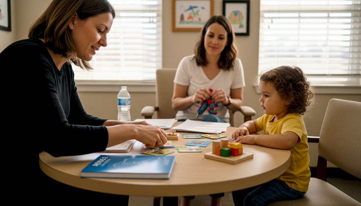 Clinician using autism assessment tools with child