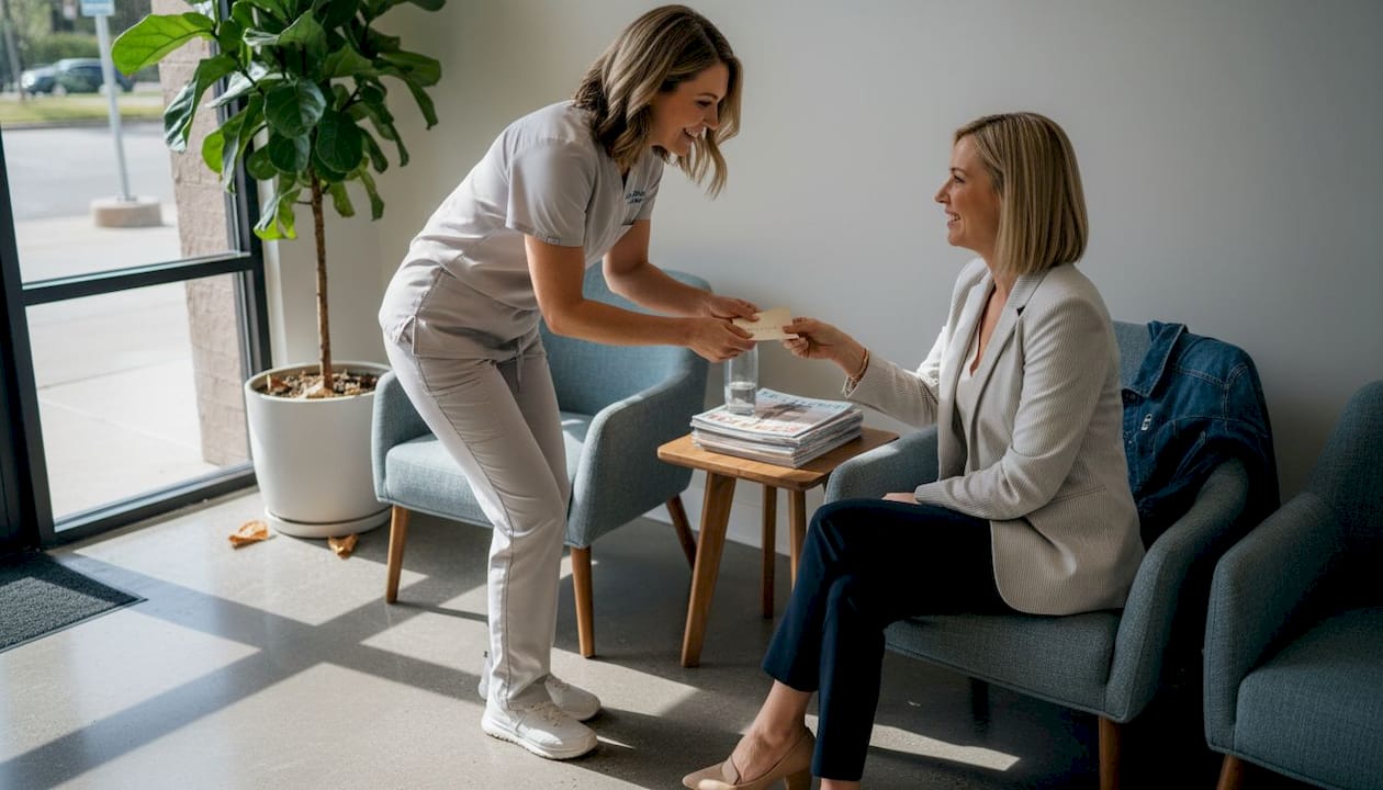 Med spa staff giving note to loyal client