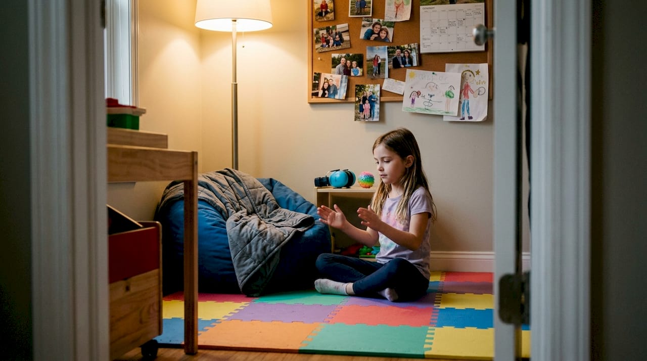 Child self-regulating in sensory corner at home