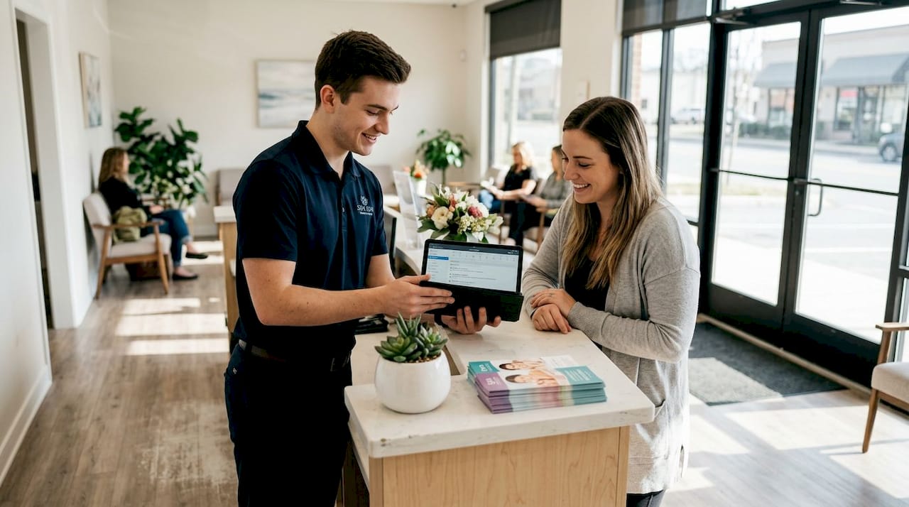Receptionist reviews tablet with med spa client