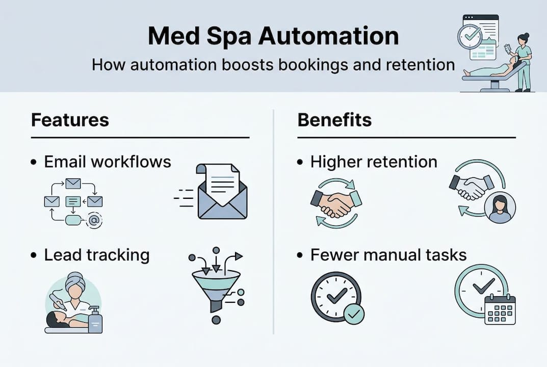 Infographic showing med spa automation workflow features and benefits