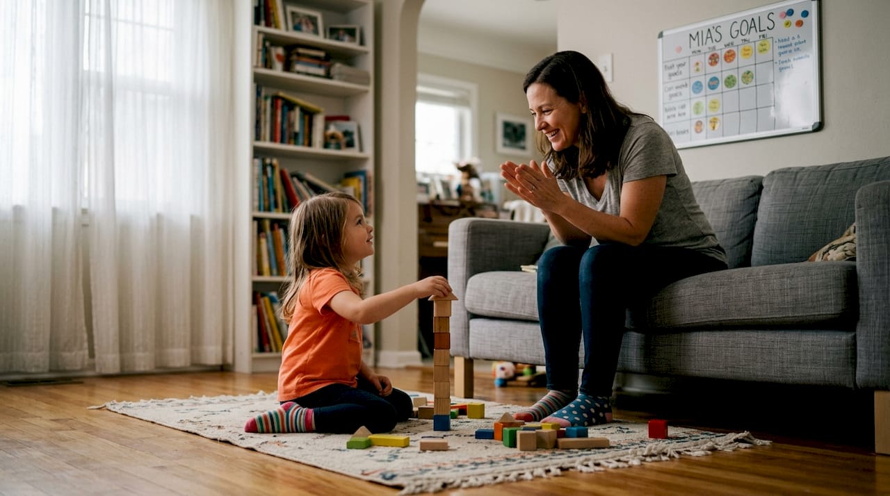 Mother encourages ABA playtime in living room
