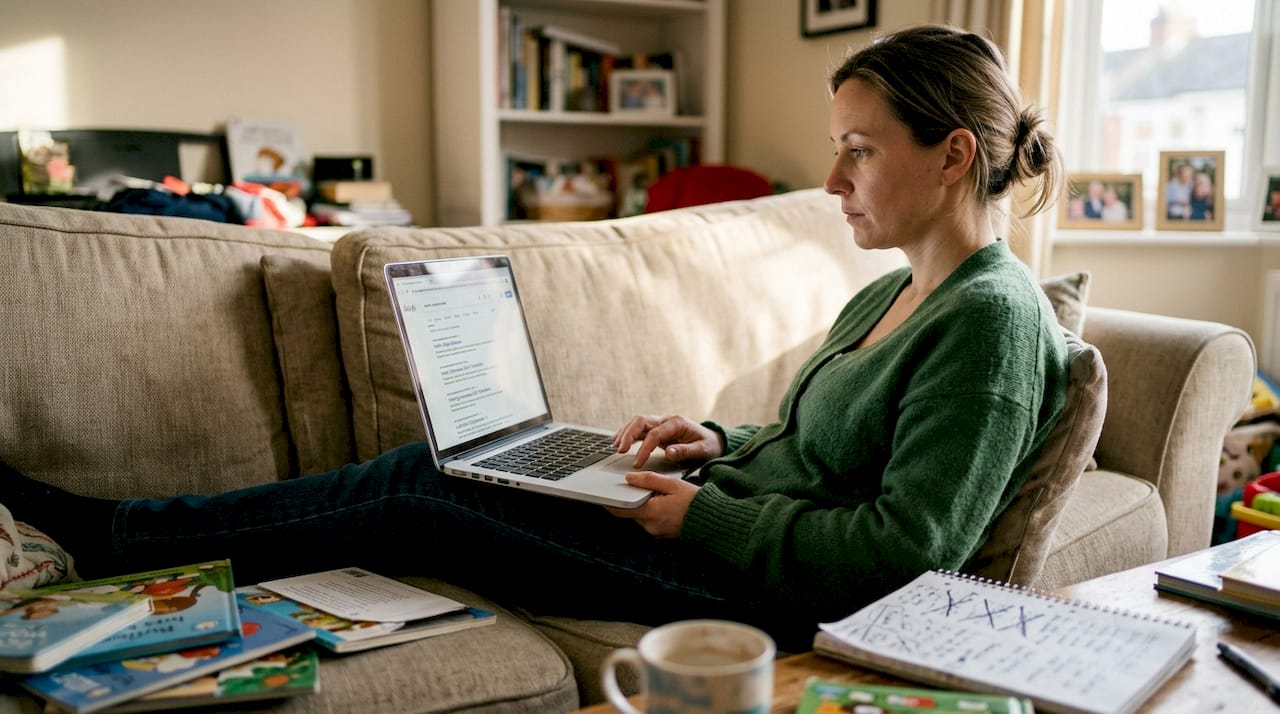 Mother searching autism resources in living room