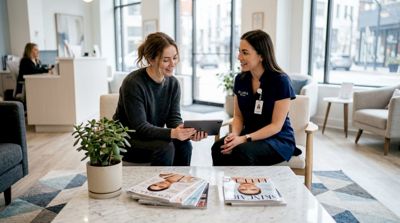 Client reviews options in med spa waiting area