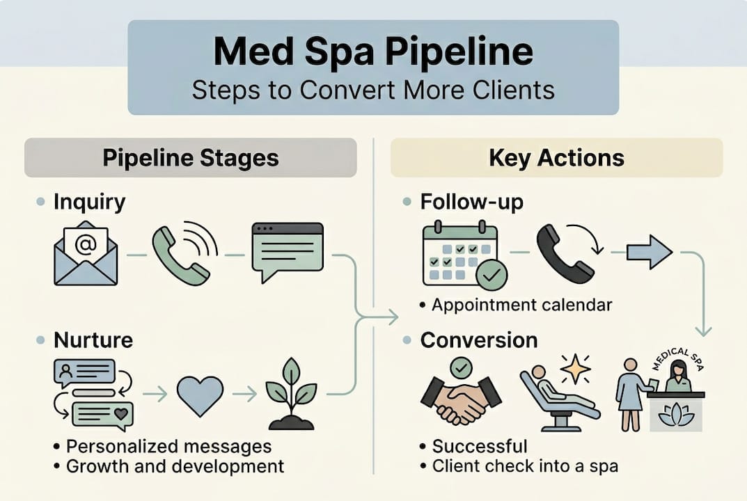Infographic showing med spa pipeline stages and actions