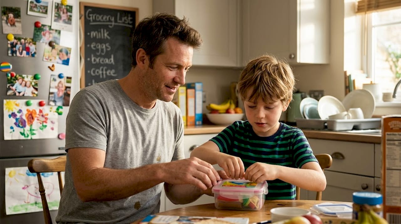 Parent assisting child with daily living skill