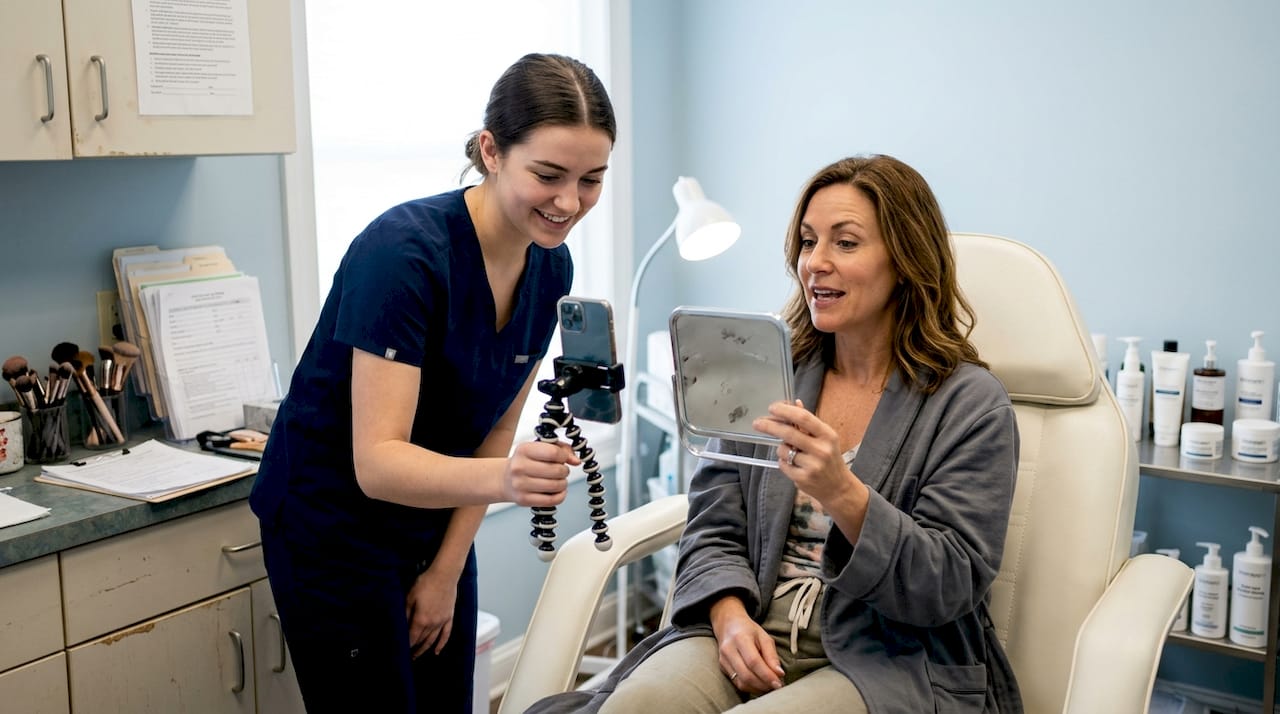 Med spa technician filming client story