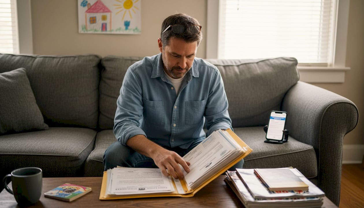 Parent examining doctor paperwork in living room