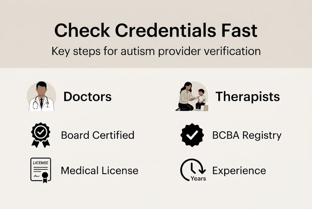 Infographic showing autism doctor and therapist credential checks