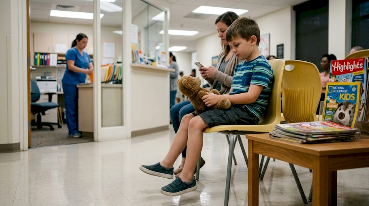 Boy waiting in pediatric clinic for autism evaluation
