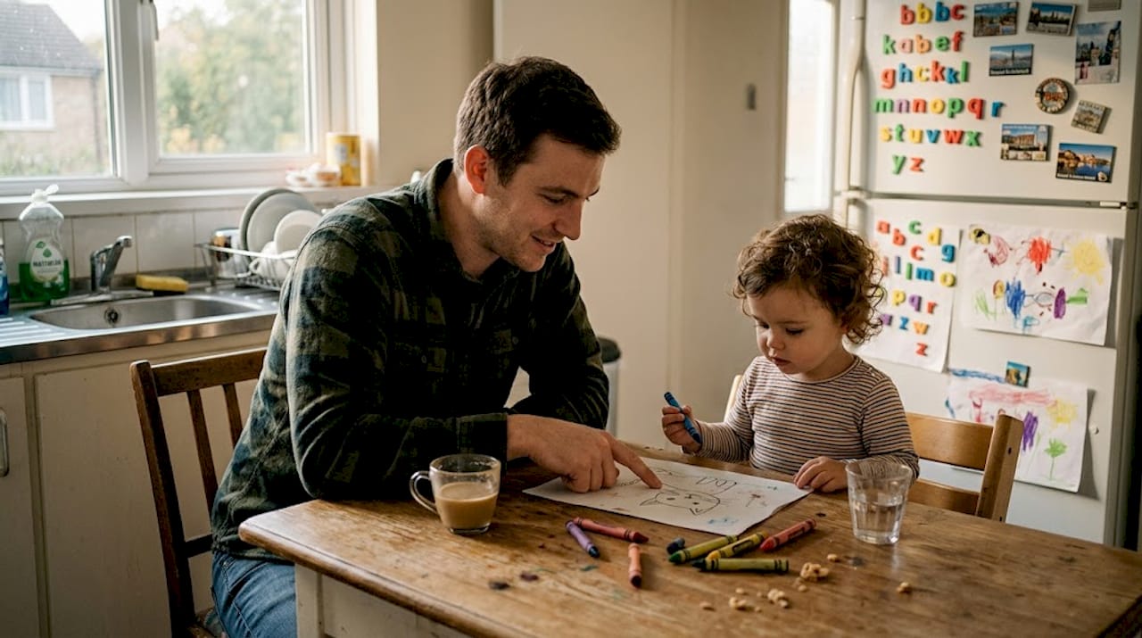 Father and toddler share drawing interaction at kitchen table