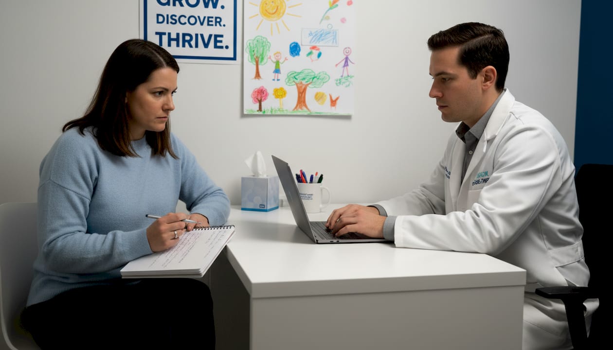 Caregiver interview with clinician in clinic setting