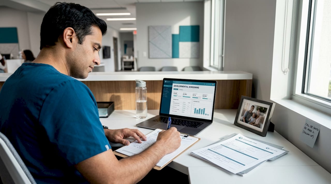 Doctor writing referral notes at desk