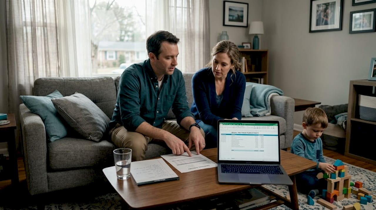 Parents discussing autism therapy costs at home