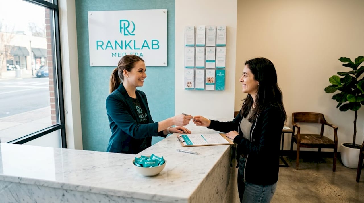 Receptionist greeting client in med spa lobby