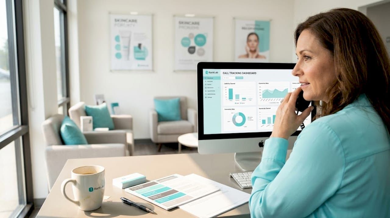 Receptionist using call tracking at med spa desk