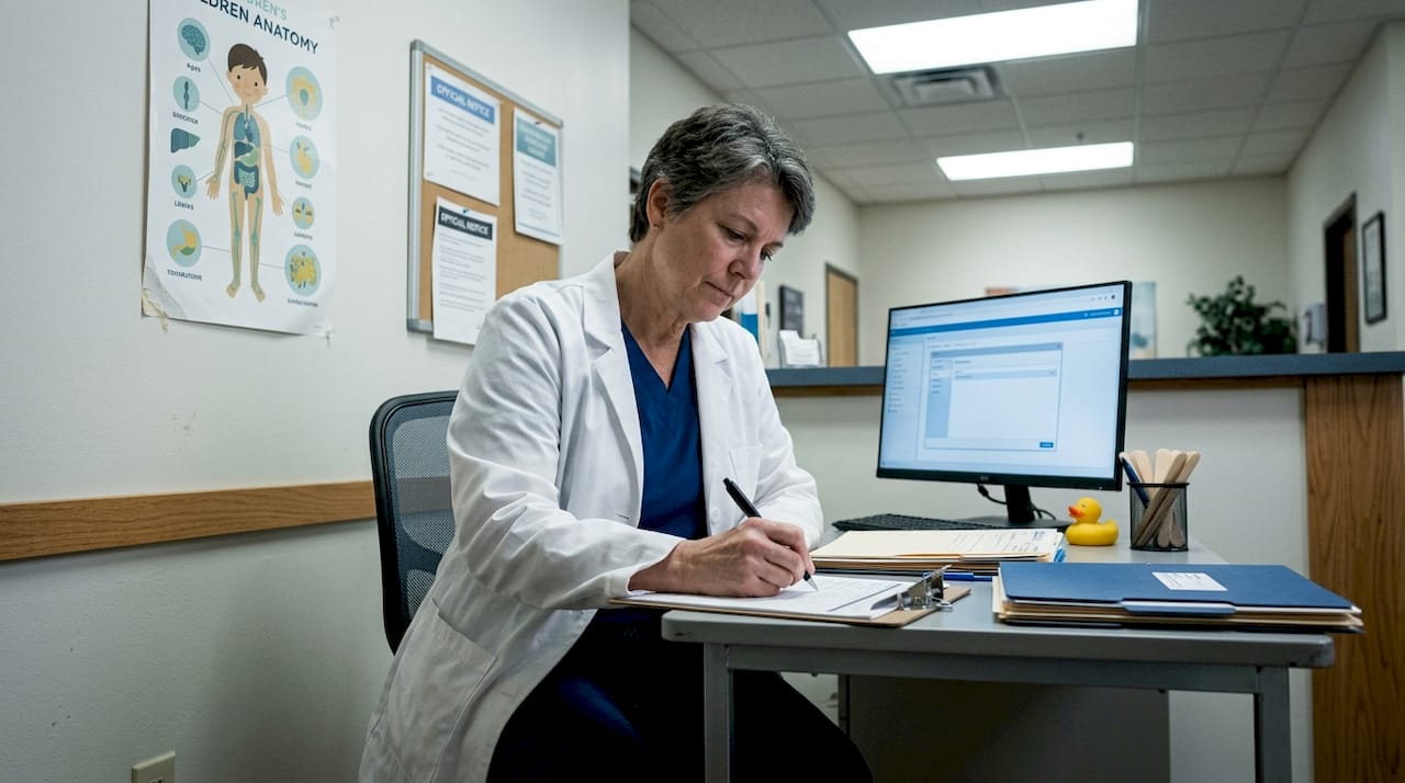 Pediatrician writing referral in cluttered office