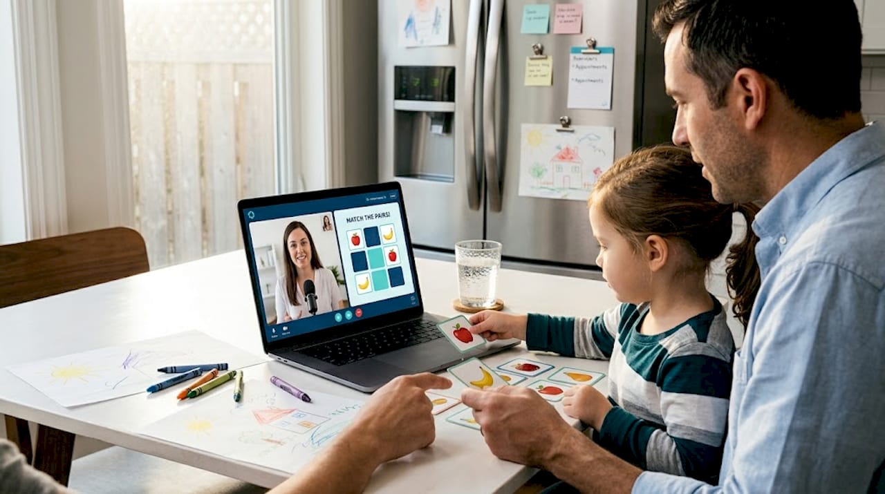 Parent guiding child’s online autism therapy activity