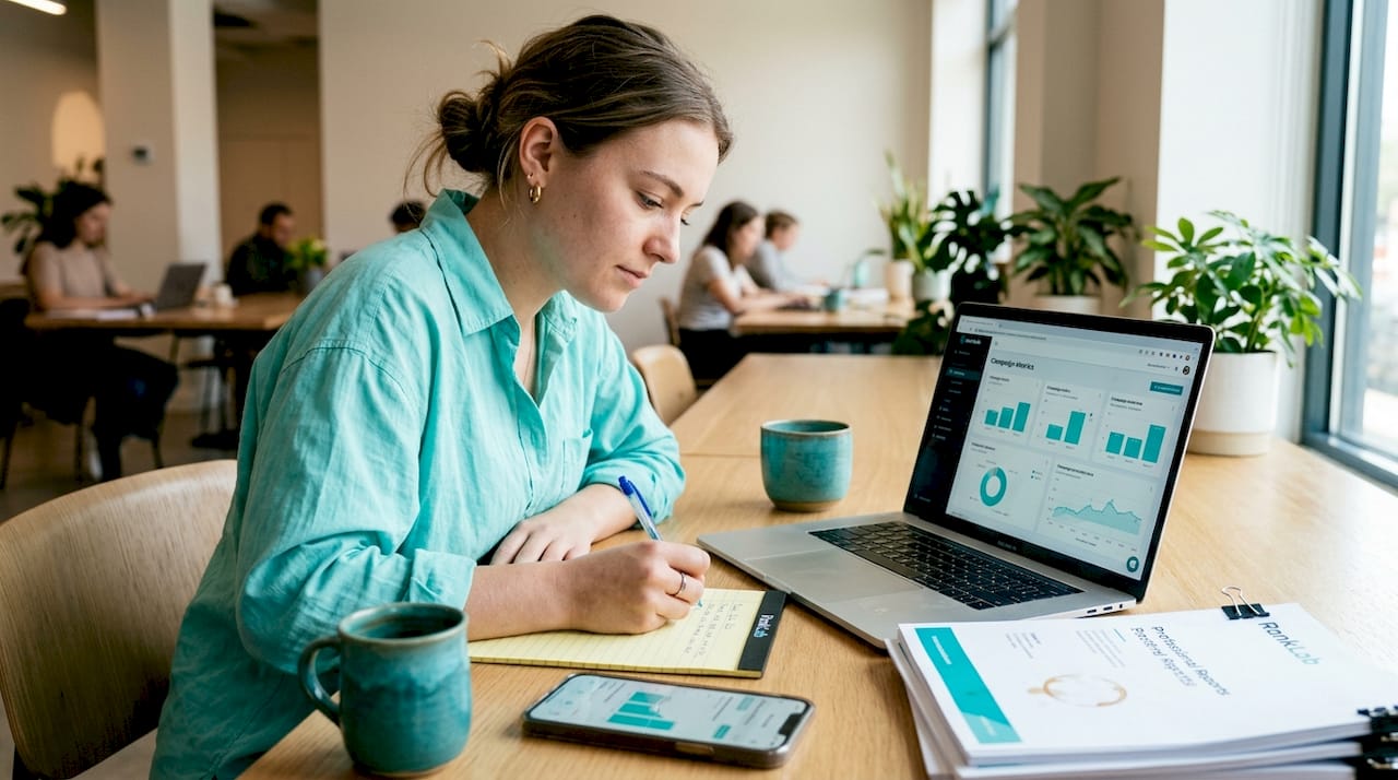 Med spa employee tracks business metrics at table
