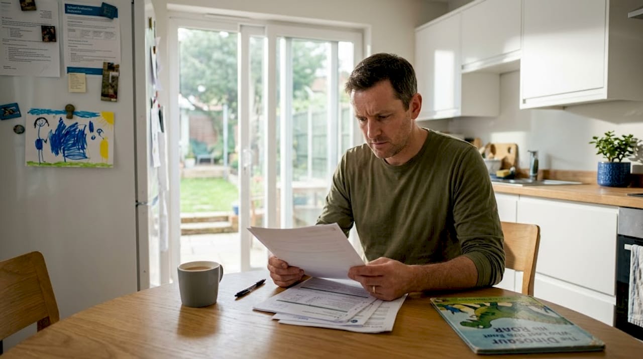 Father reviews autism evaluation documents at kitchen table