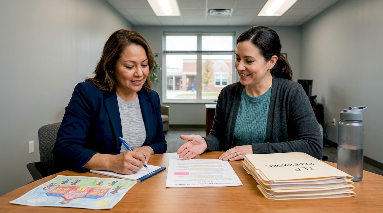 Parent and teacher discuss IEP paperwork