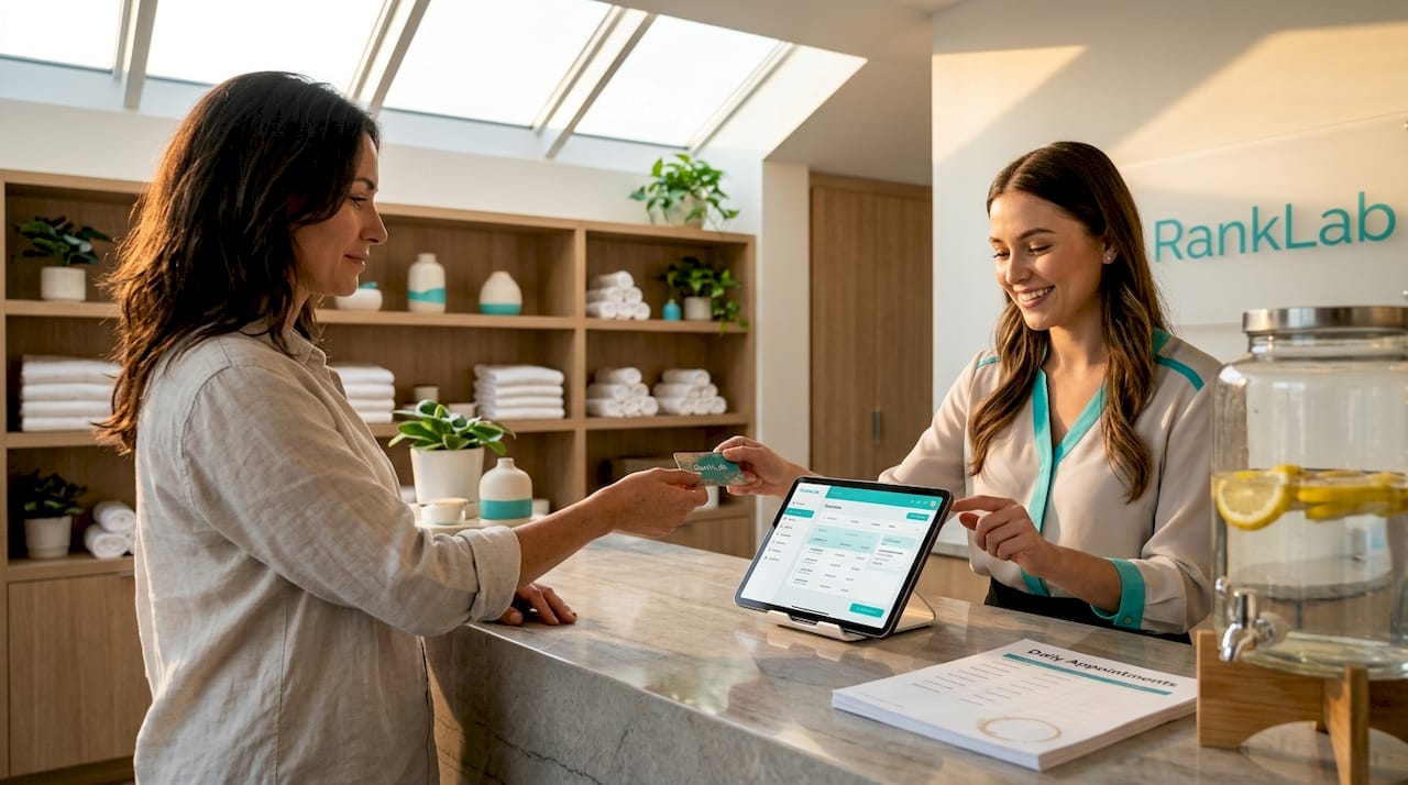 Spa client presents loyalty card to receptionist