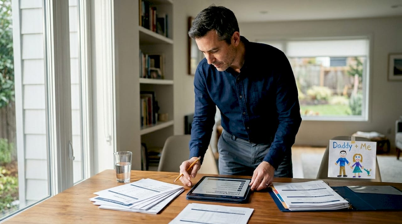 Father organizing autism treatment tracking tools at table
