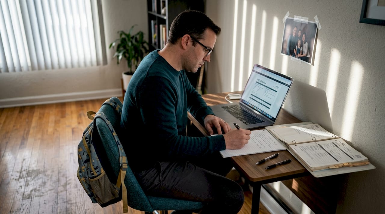 Father reviewing ATEC checklist in living room