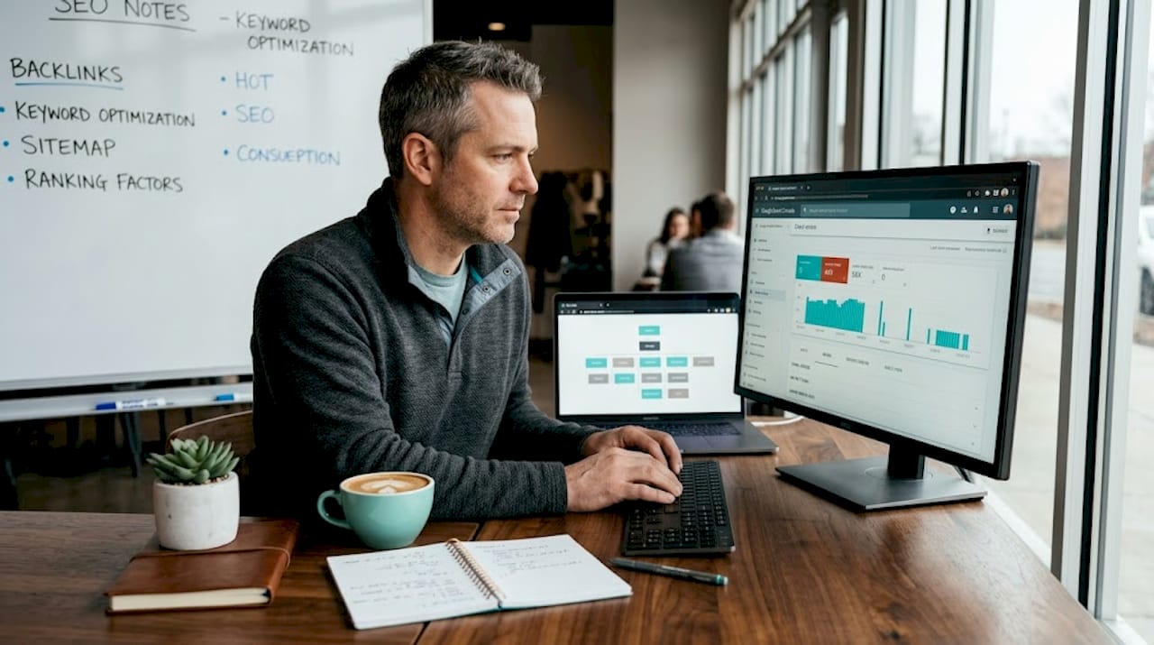 Developer checking technical SEO reports at desk