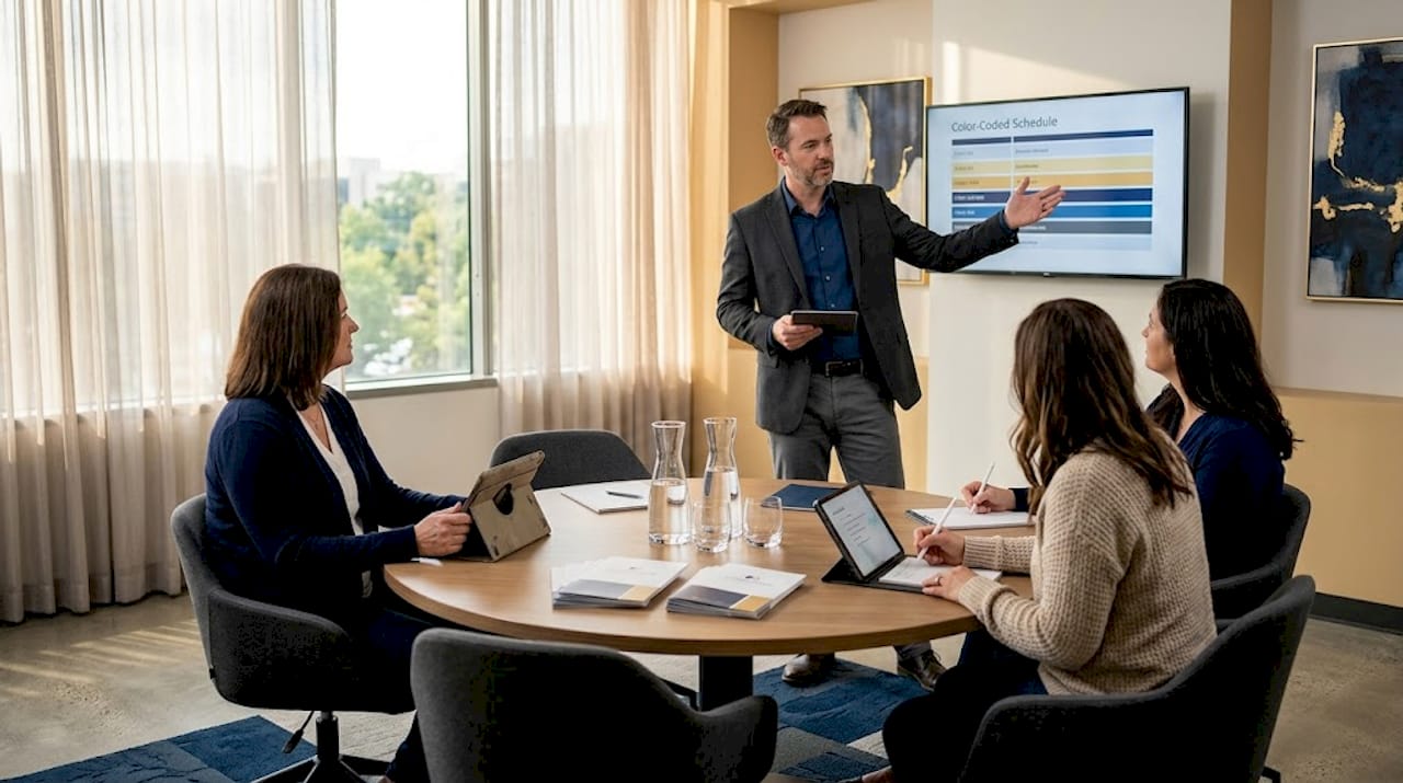 Case management program discussion in conference room