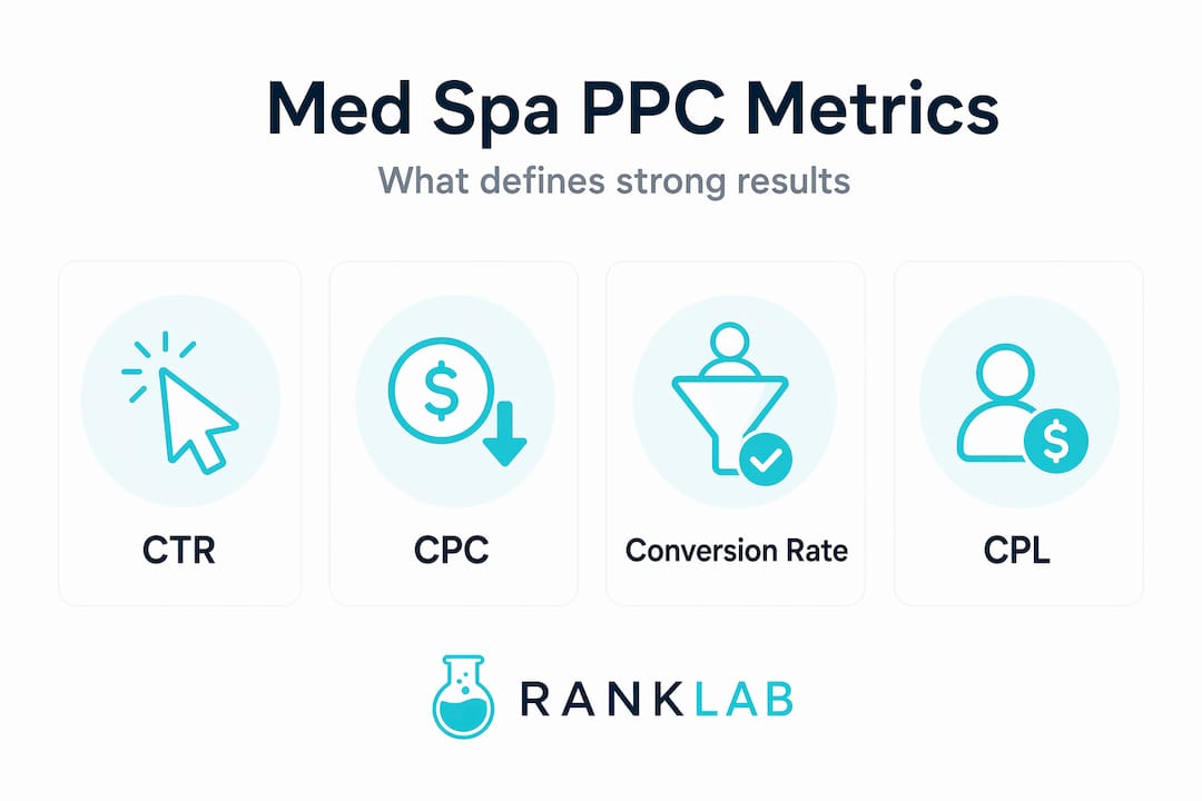 Infographic showing main PPC metrics: CTR, CPC, conversion rate, CPL
