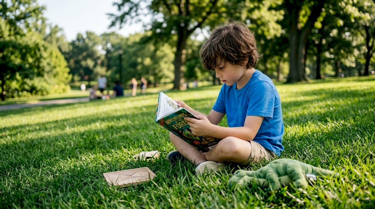 Child with autism reading calmly at home