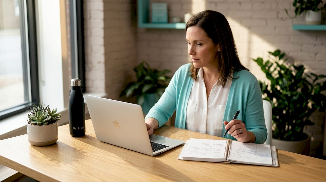Spa manager analyzing booking analytics at desk