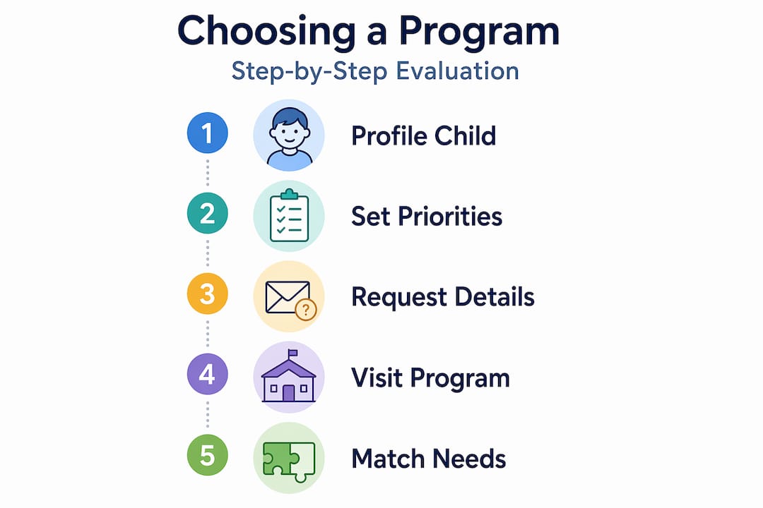 Infographic showing step-by-step autism program evaluation