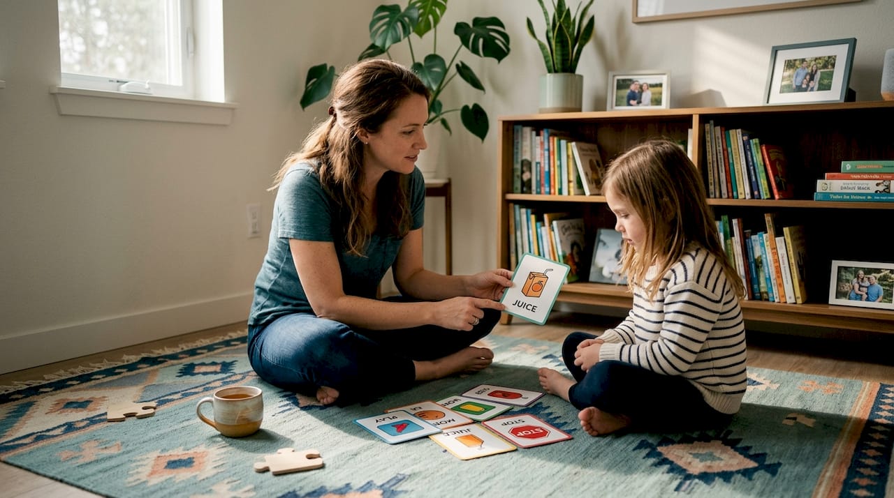 Mother and daughter using flashcards on play mat