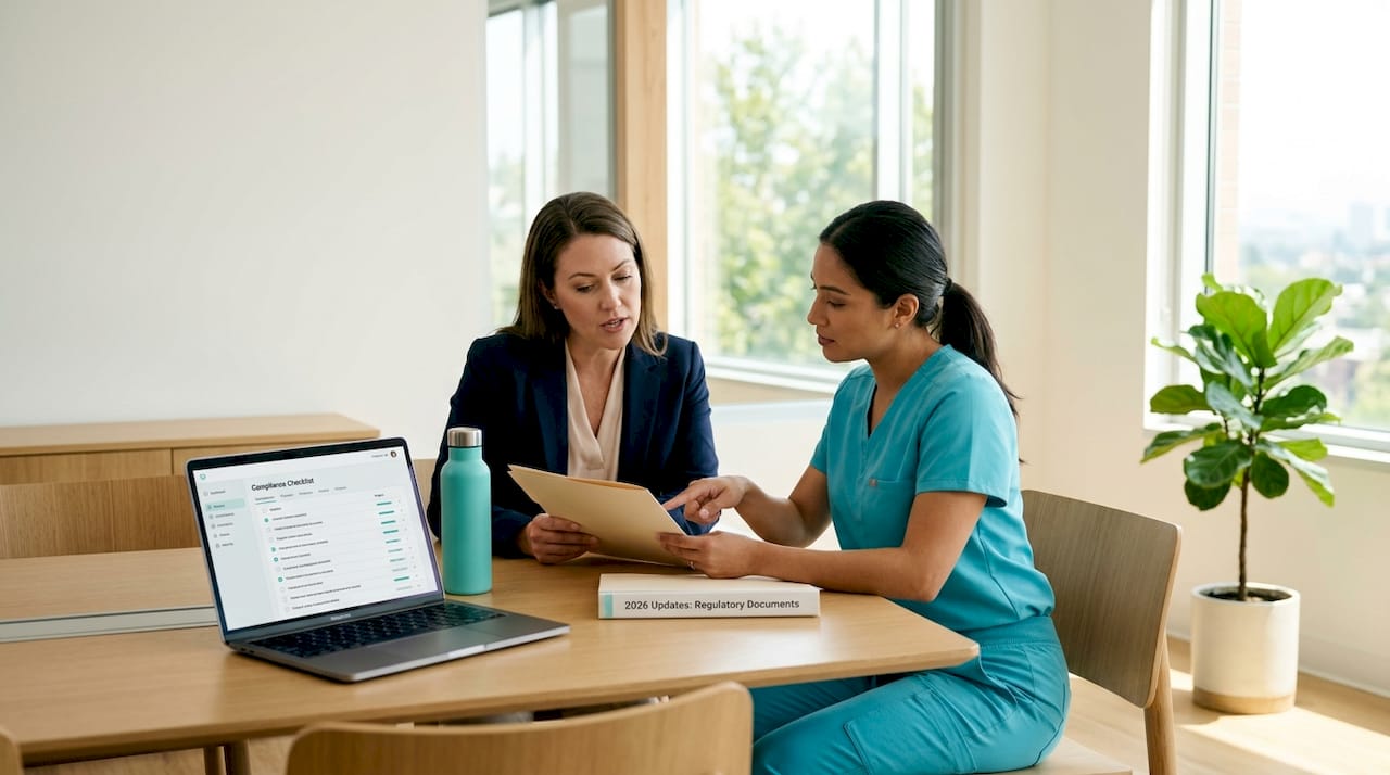 Med spa staff reviewing compliance documents