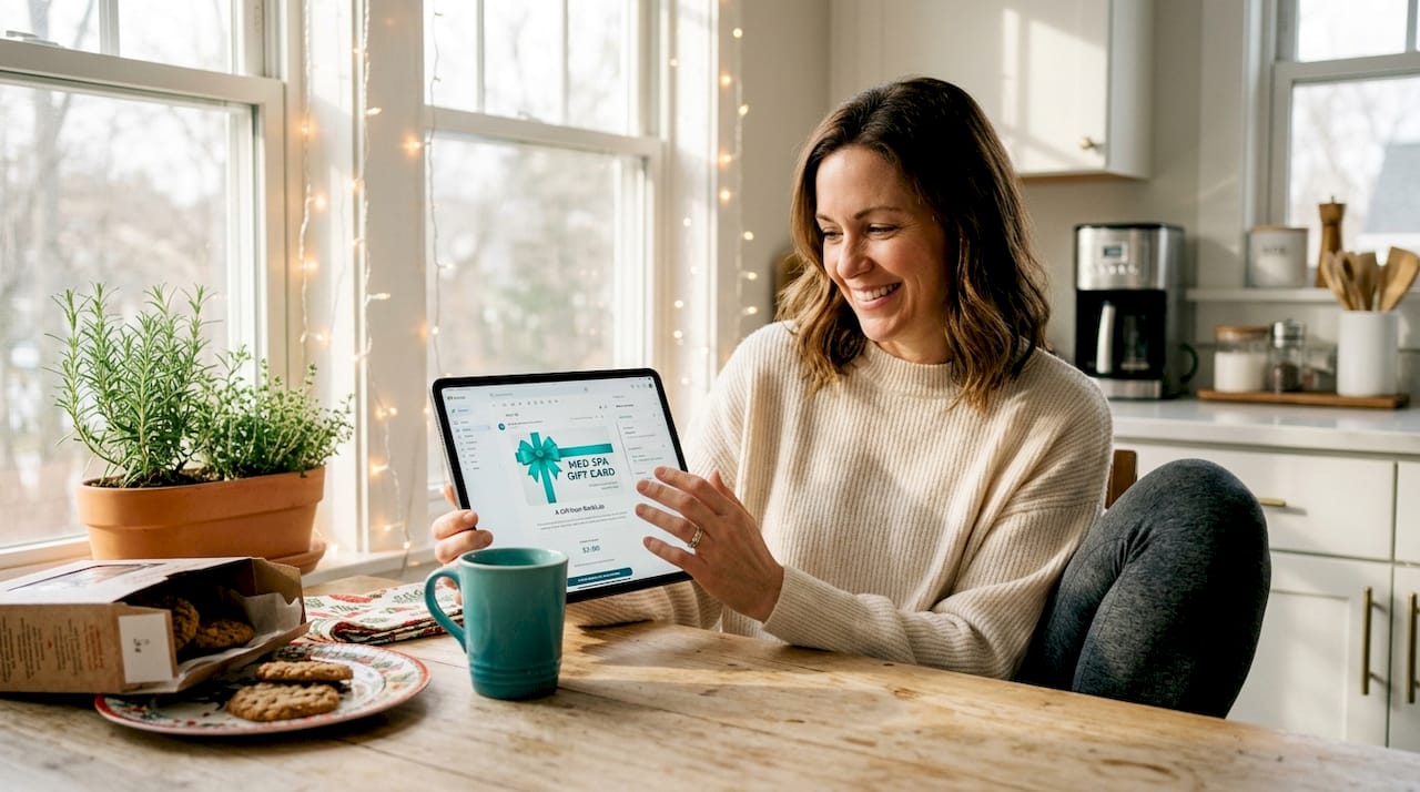 Woman viewing med spa digital gift card at kitchen