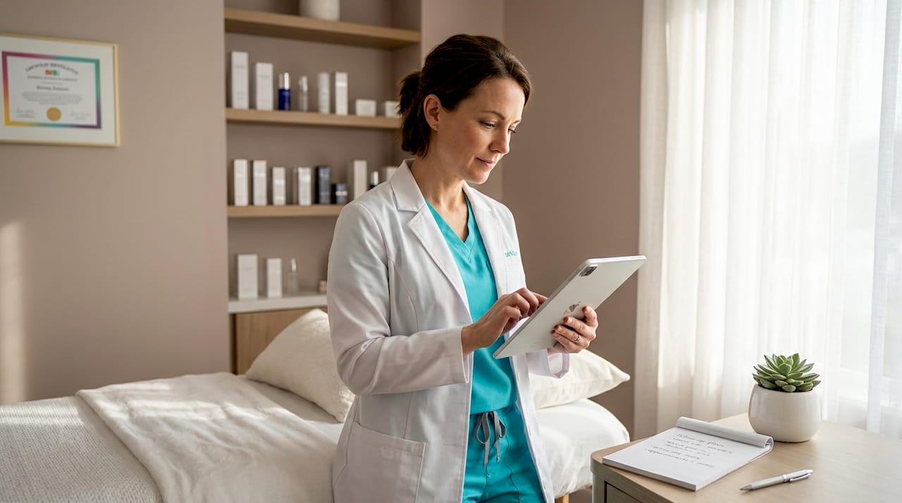Nurse reviewing patient chart in spa room