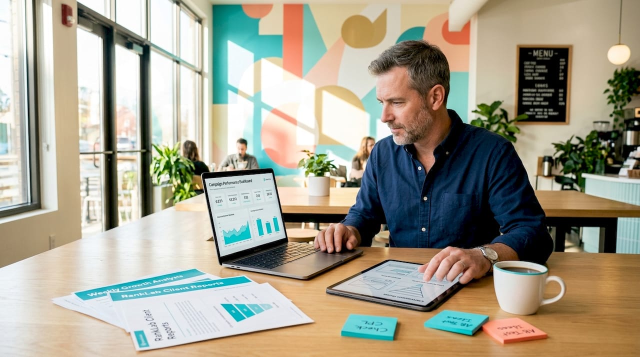 Campaign manager reviewing ad optimization performance