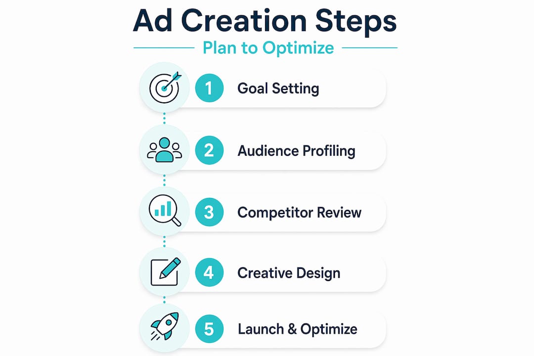 Infographic showing digital ad creation process steps