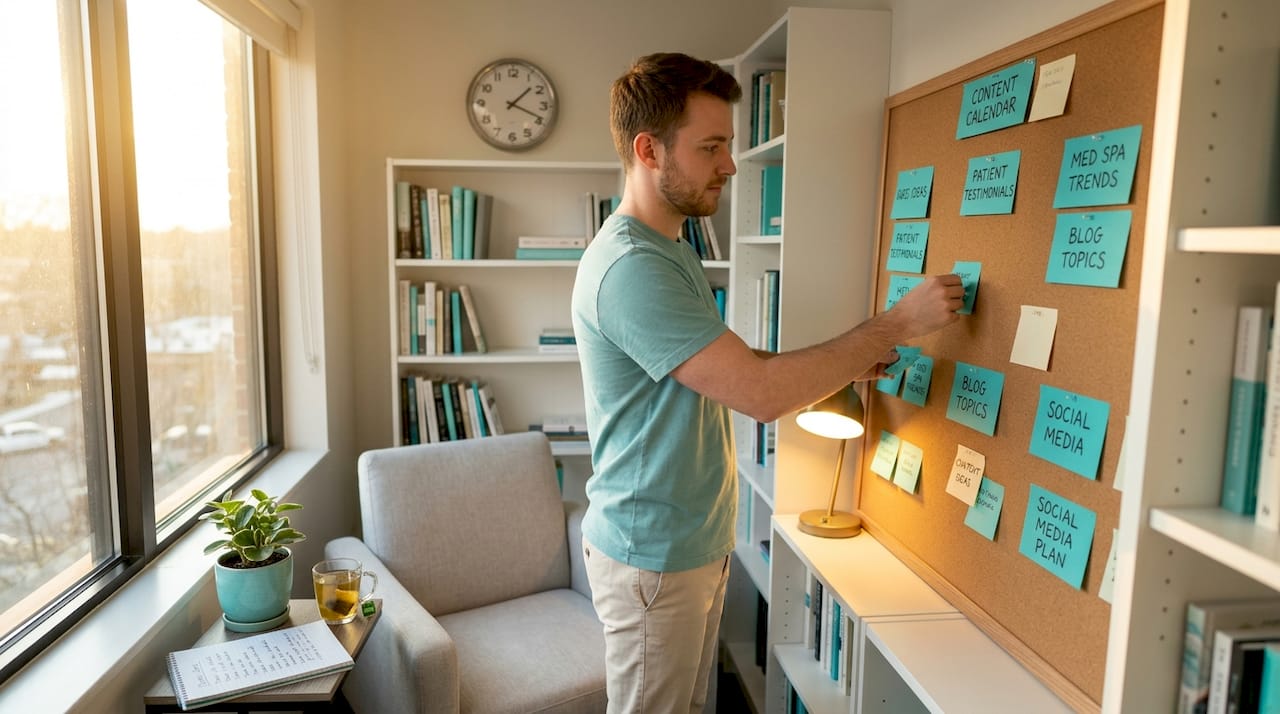 Strategist sorting blog topics with sticky notes