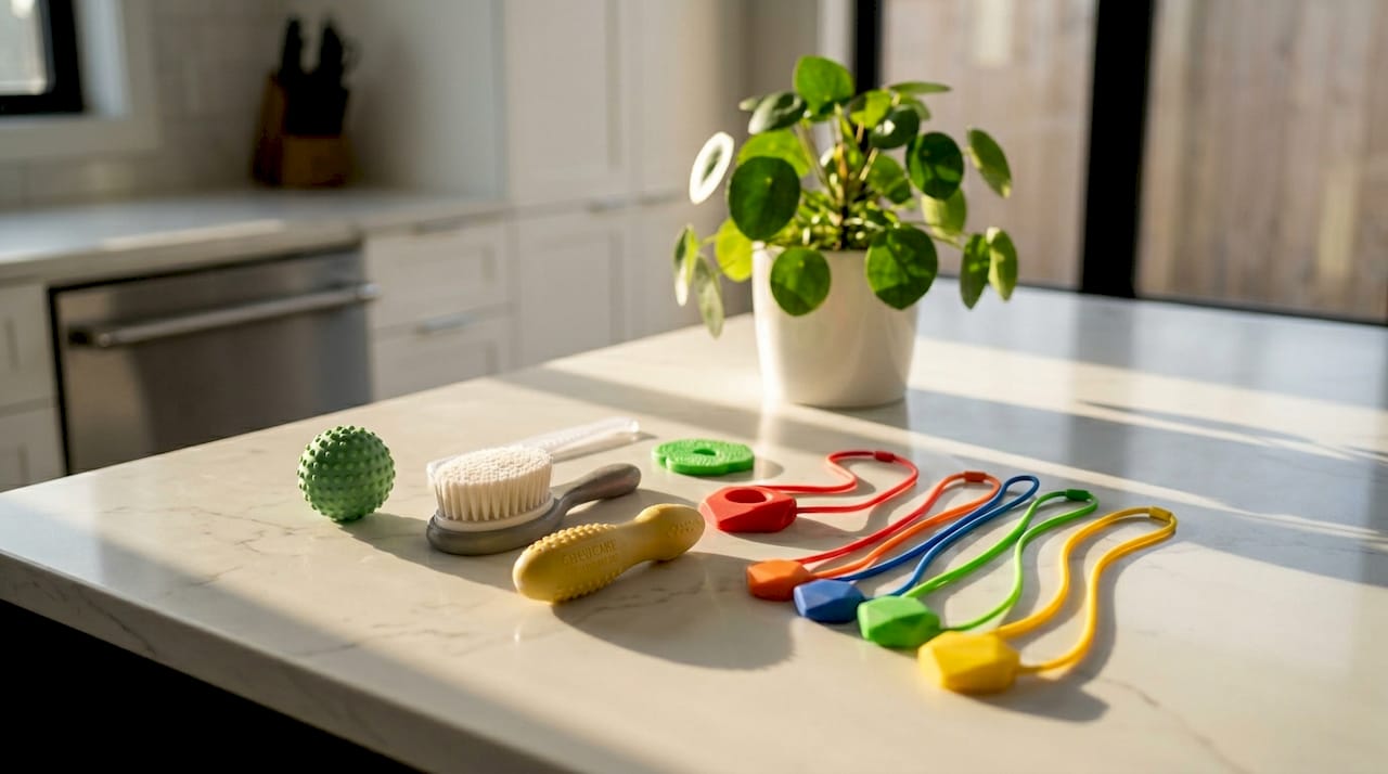 Collection of sensory diet tools on table