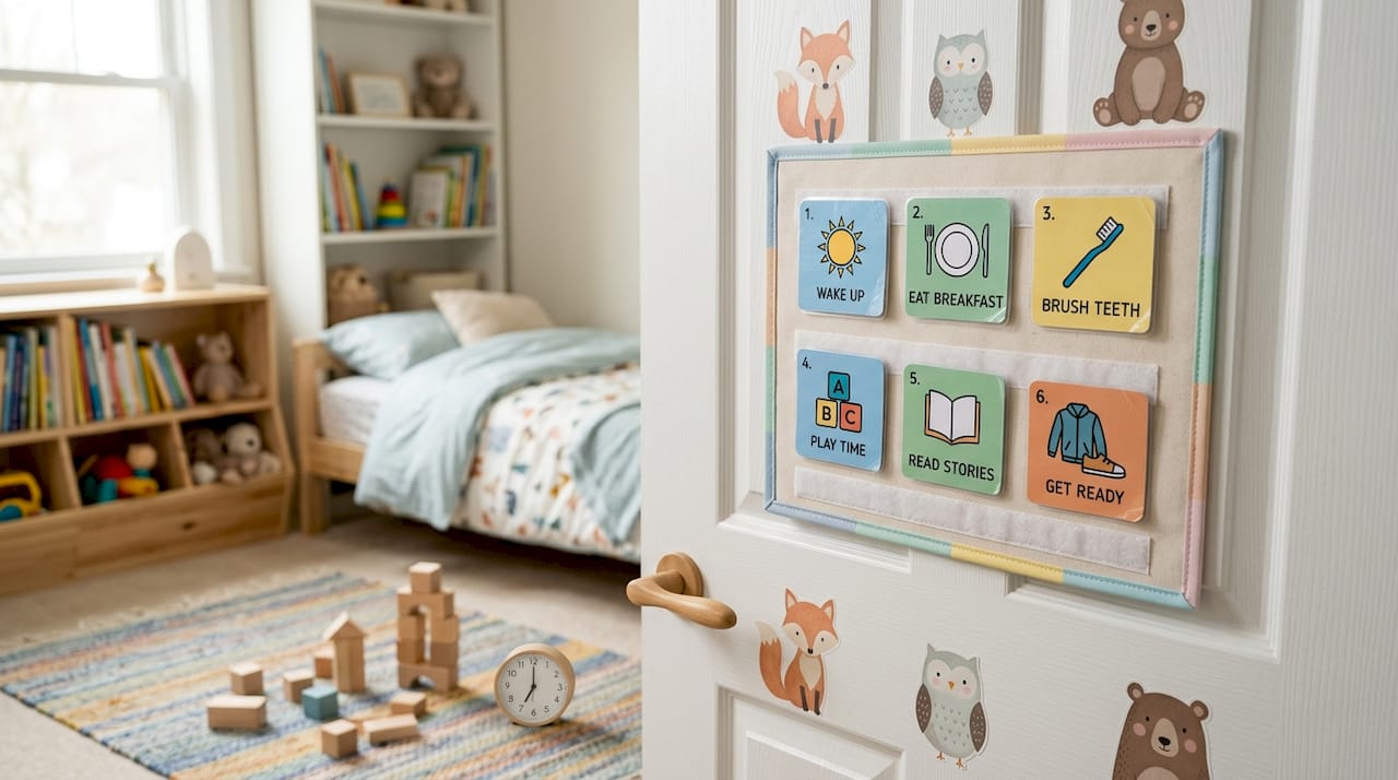 Child's visual schedule board with activity cards