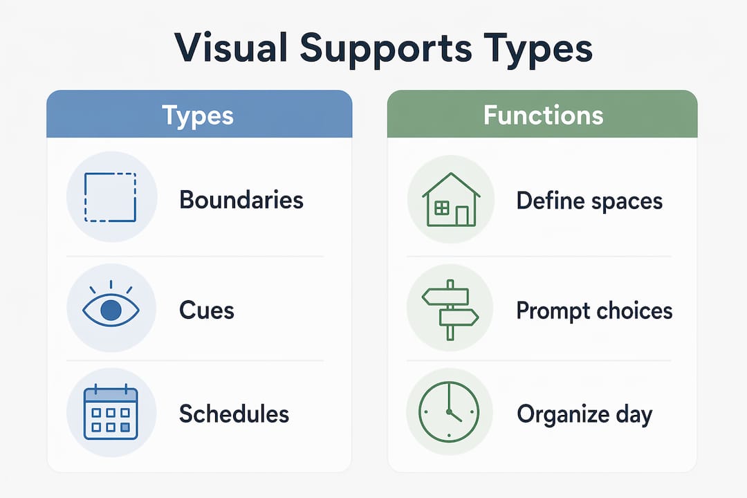 Infographic illustrating types and functions of visual supports for autism