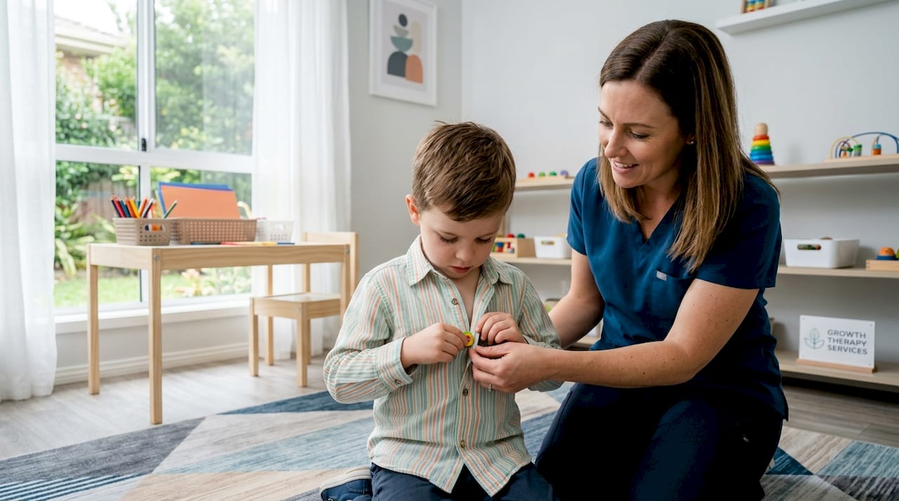 Child practicing buttoning skill with therapist support