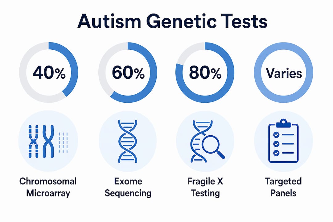 Infographic summarizing genetic tests used in autism evaluation